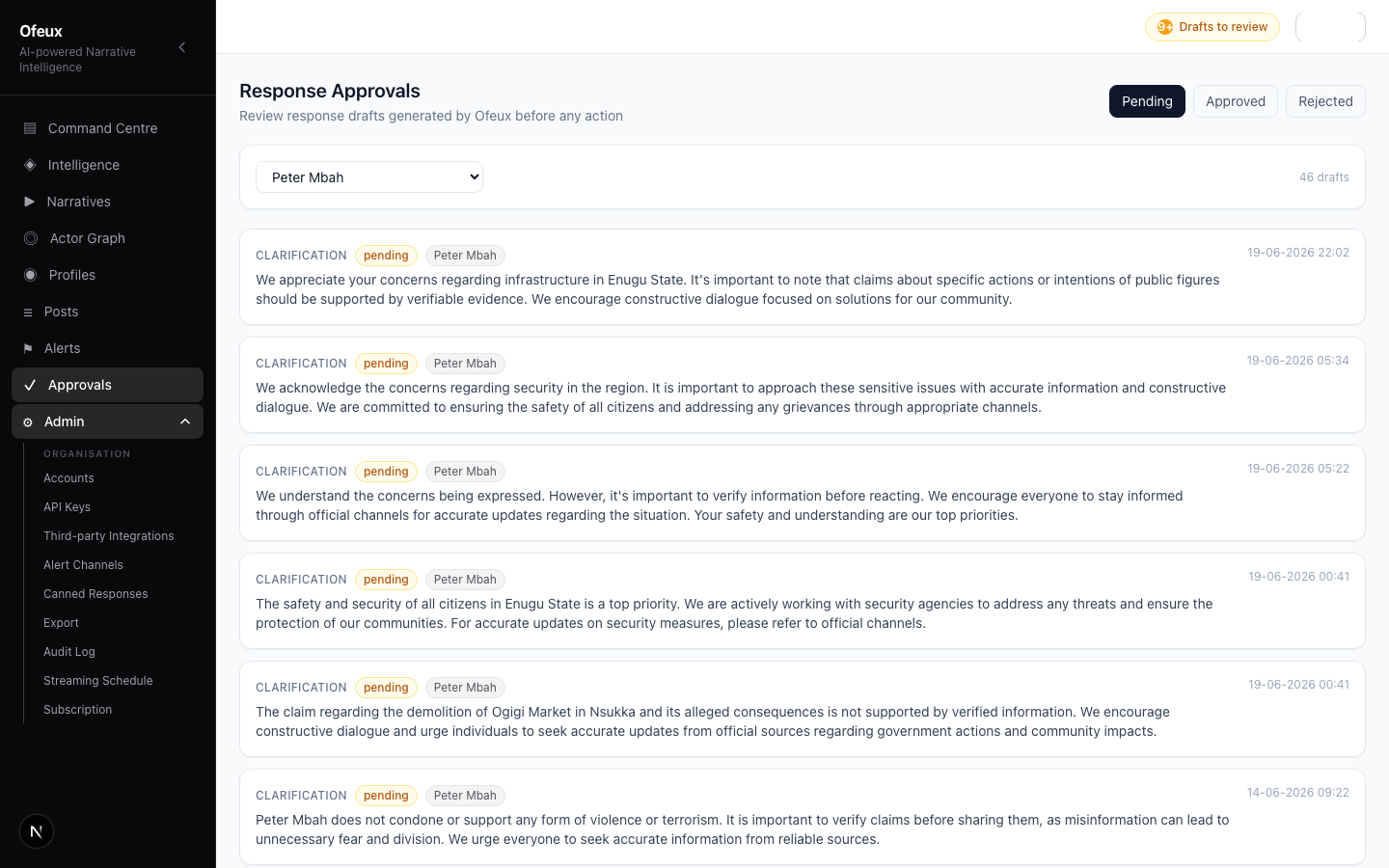 Ofeux response approvals — pending drafts, approver workflow, and SLA visibility